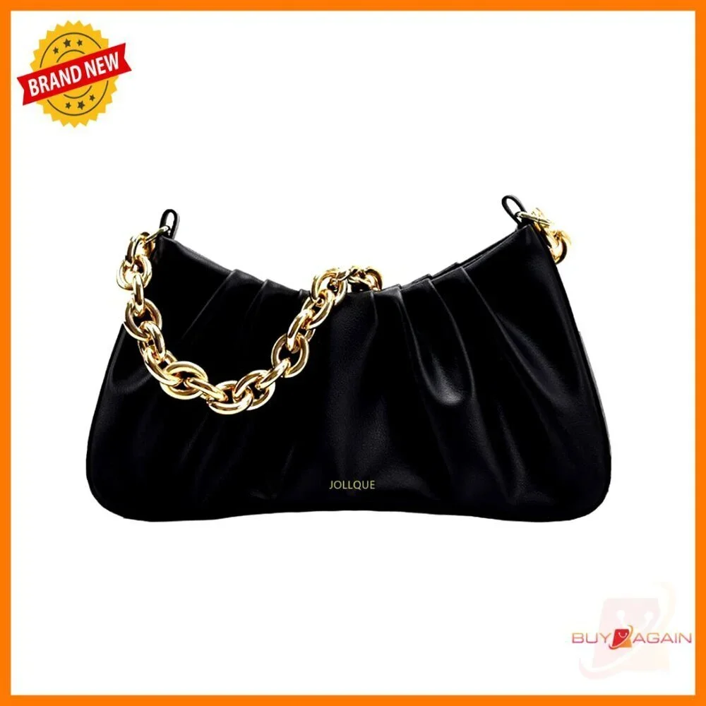 Small Leather Shoulder Bag with Gold Chain, Evening Clutch Purse
